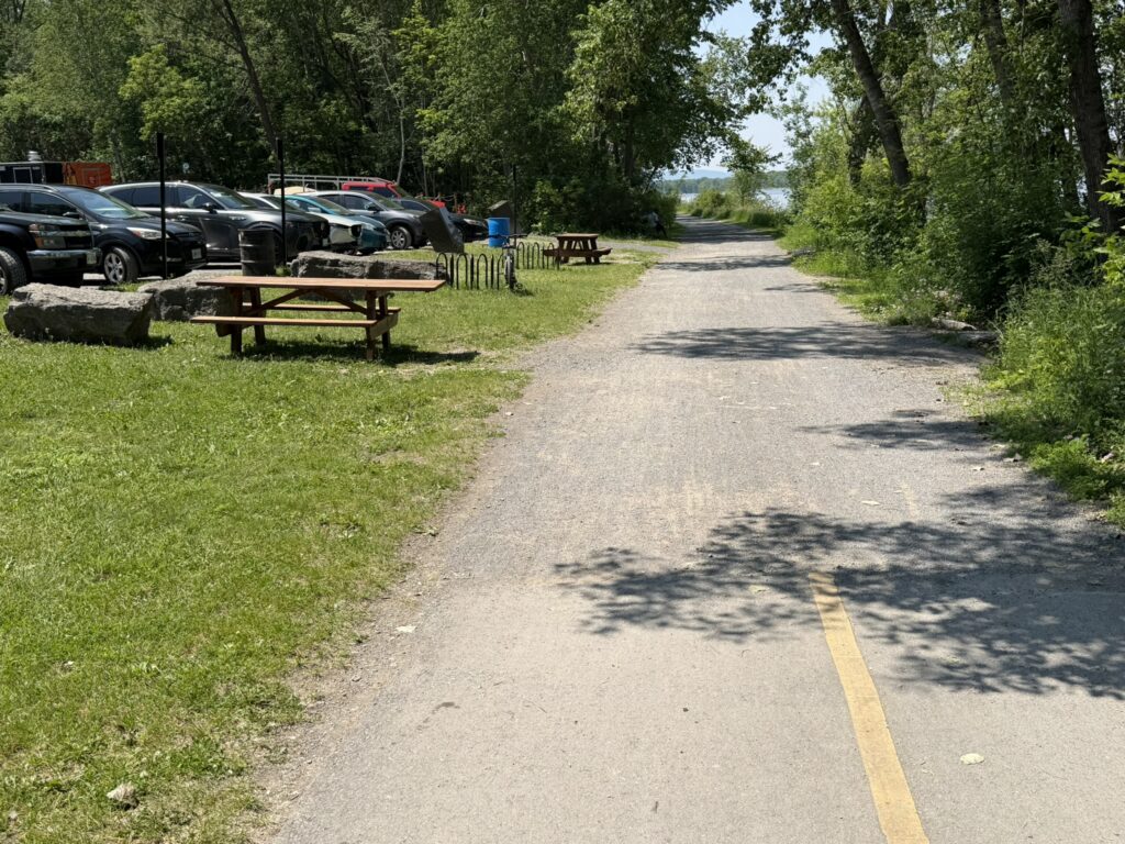 Park pathway with picnic tables and parked cars